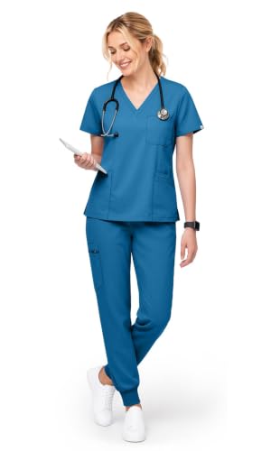 Scrubs for Women Set, V-Neck Top & Jogger Pants - color: Caribbean Blue, size: Large