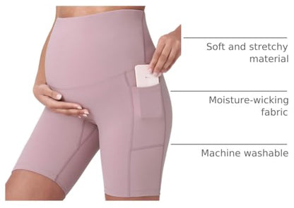 POSHDIVAH Maternity Biker Shorts Over the Belly with Pockets 5"/8" - color: Pink, size: X-Large