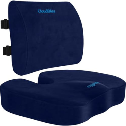CloudBliss Ergonomic Seat Cushion & Lumbar Support Pillow Set, Blue, XL - color: Blue, size: X-Large