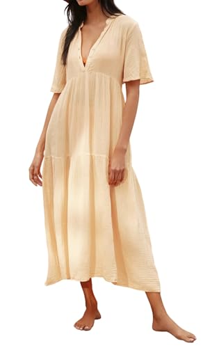R.Vivimos Womens Summer Cotton Casual Flowy Maxi Dress - color: Beige, size: Small