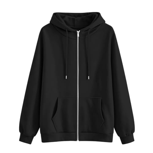 Womens Zip Up Hoodies Casual Oversized Sweatshirt Lightweight Jacket - color: Black, size: Medium
