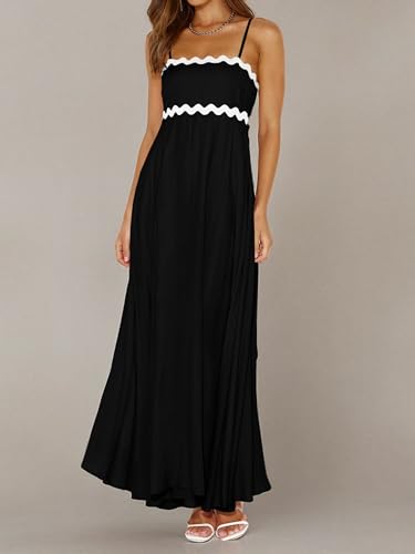 PRETTYGARDEN Women Spaghetti Strap Boho Maxi Dresses Flowy - color: Black, size: XX-Large