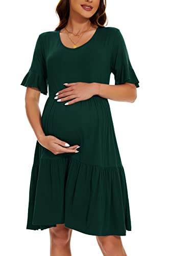 Smallshow Women's Maternity Dress Ruffle Short Sleeve Pregnancy Clothes - color: Deep Green, size: Medium