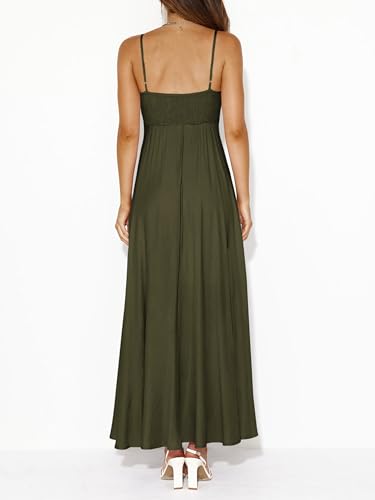 PRETTYGARDEN Women Spaghetti Strap Boho Maxi Dresses Flowy - color: Army Green, size: Large