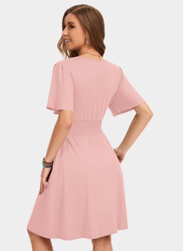 Womens Summer Dress Ruffle Sleeve V Neck Wrap Dress with Pockets - color: Light Pink, size: Small