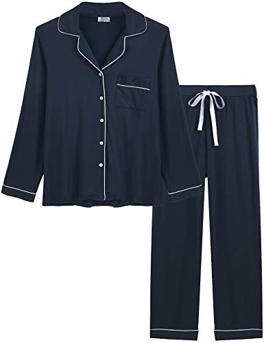 Joyaria Women's Cooling Bamboo Viscose Pajama Set Long Sleeve Button Front - color: Long-navy, size: XX-Large