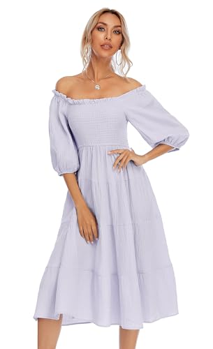 R.Vivimos Women's Cotton Off-Shoulder A-Line Midi Dresses - color: Light Purple, size: Small