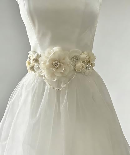 Handmade Baby Shower Sash Pearls Maternity Sash Flower Belt - color: Ivory