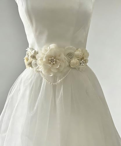 Handmade Baby Shower Sash Pearls Maternity Sash Flower Belt - color: Ivory