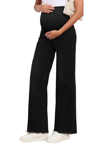 BLENCOT Women Maternity Jeans Bootcut Straight Leg Stretchy Denim Pants - color: Dark Black, size: Medium