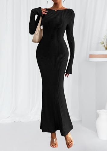 PRETTYGARDEN Women's Fall Long Sleeve Bodycon Maxi Dresses - color: Black, size: Small