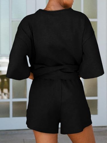 Tankaneo Womens 2 Piece Pajama Sets Oversized Tops Loose Shorts Lounge Sets - color: Black, size: Large