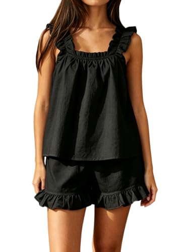 Women's Summer Pajama Set Cotton Ruffle Loungewear Sets - color: Black, size: Small