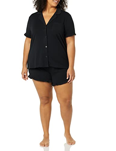 Amazon Essentials Women's Cotton Modal Piped Notch Collar Ruffle Pajama Short Set (Available in Plus Size) - color: Black, size: XX-Large