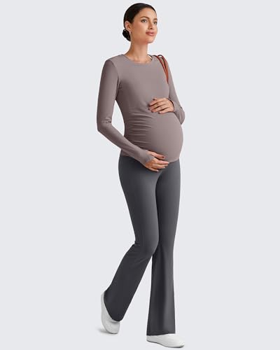 G4Free BareFeel Pregnancy Workout Tops Maternity Long Sleeve Shirts Ruches - color: Taupe, size: Medium