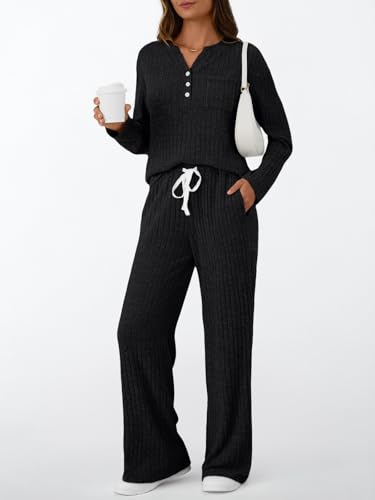 LILLUSORY Women's 2 Piece Matching Lounge Sets 2026 Trendy Fall Outfits - color: Black, size: Medium