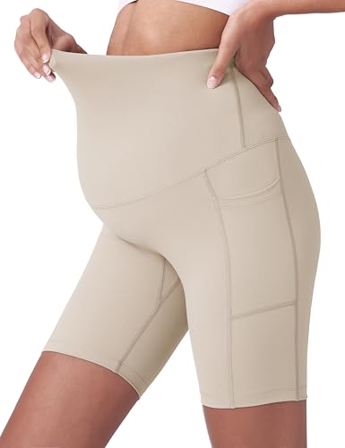 POSHDIVAH Maternity Biker Shorts Over the Belly with Pockets 5"/8" - color: Khaki, size: Medium