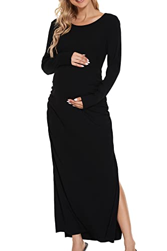 Smallshow Women's Ruched Long Sleeve Split Maternity Dress - color: Black, size: X-Large