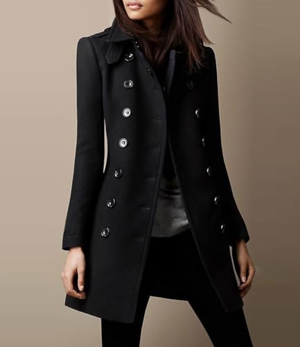 chouyatou Women's Winter Double Breasted Wool Coat Elegant Collared Wool Blend Trench Pea Coat - color: Black, size: Small