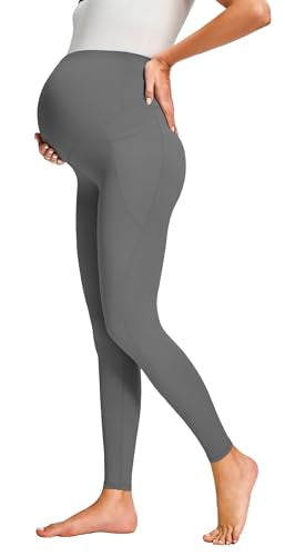 JOYSPELS Smooth Feeling Maternity Workout Leggings with Pockets Pregnancy Pants Over The Belly - color: Grey, size: Medium