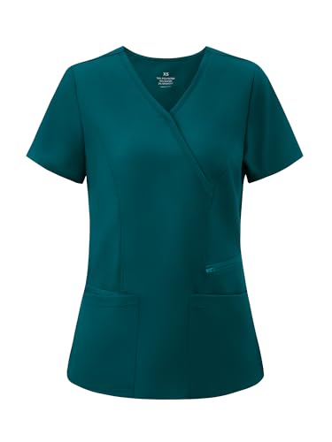 Scrub Tops for Woman, Mock Wrap Tops - color: Caribbean Blue, size: X-Small