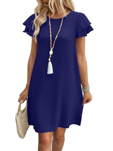 OFEEFAN Womens Summer Dresses 2026 Ruffle Sleeve Round Neck Loose Swing Sundresses with Pockets Plain/Print - color: Plain Navy Blue, size: Large