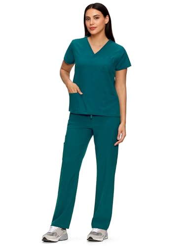 Scrubs for Women Set, V-Neck Top & Straight Leg Pants with 11 Pockets - color: Caribbean Blue, size: Large