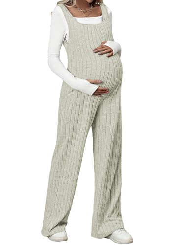 BLENCOT Maternity Jumpsuit Sleeveless Square Neck Wide Leg Pants Romper - color: Light Green, size: Medium