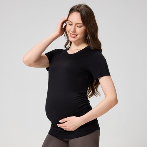 netdraw Buttery Soft Bamboo Viscose Maternity T Shirt, Pregnancy Short Sleeve Side Ruched Casual Tops - color: Black, size: Small