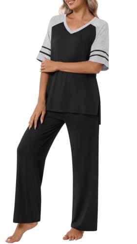 Anyhold Lounge Sets for Women Fall Pajamas Set 2 Piece Outfits - color: Black, size: Small