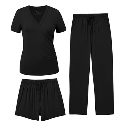 PATPAT 3-Piece Maternity Nursing Pajamas, Womens Lounge Set with Pockets - color: Black, size: Medium