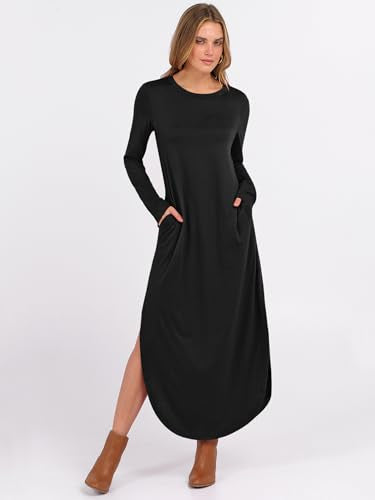 ANRABESS Women's Long Sleeve Fall Maxi T-Shirt Dress with Pockets - color: Black, size: Medium