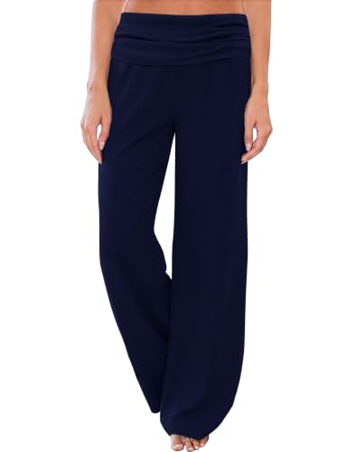 Gracyoga Womens Comfy Pajama Pants Wide Leg Lounge Fold Over Pants Bottoms - color: 05-purenavyblue, size: Medium