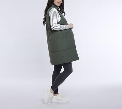 Motherhood Maternity Women's Sleeveless Long Pregnancy Puffer Vest with Pockets - color: Olive, size: Small