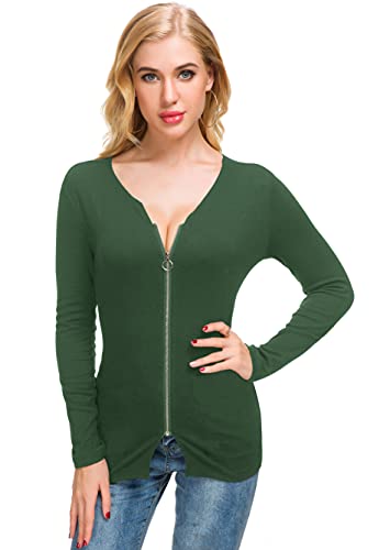 Afibi Women V Neck Zip Front Long Sleeve Casual Top Blouse Shirt/Cardigan - color: Green, size: Medium