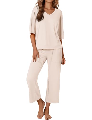 Ekouaer Lounge Sets for Women Comfy Pajamas Set 2 Piece Outfits - color: Beige, size: Large