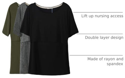 Smallshow Women's Maternity Nursing Tops Short Sleeve Breastfeeding Clothes - color: Army Green-black-dim Grey(3 Pack), size: X-Large