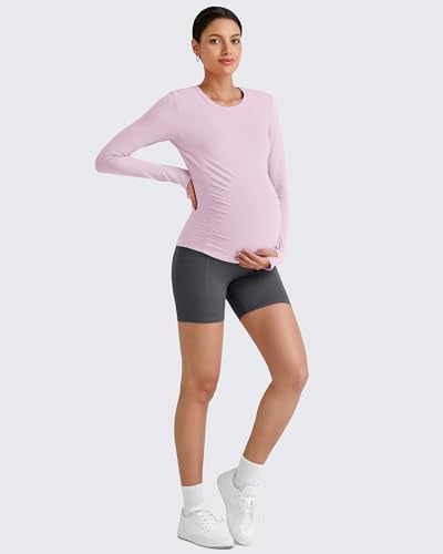 G4Free BareFeel Pregnancy Workout Tops Maternity Long Sleeve Shirts Ruches - color: Blush, size: X-Large