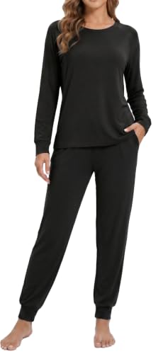 LUBOT 2026 Womens Pajamas Sets Bamboo Viscose Soft Breathable 2 Piece Pjs Long Sleeve Pants Jogging Loungewear Sleepwear - color: Black, size: Medium