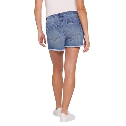 Motherhood Maternity Women's Under the Belly Cutoff Denim Pregnancy Shorts with Side Elastic Panel Insets - color: Beth Medium Wash, size: X-Large