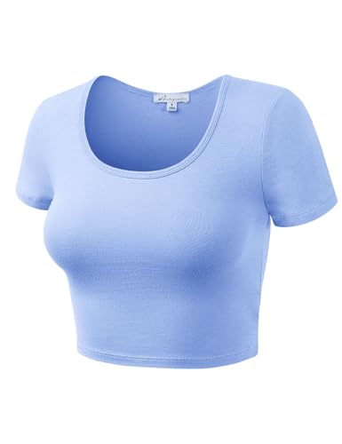 Women Cotton Scoop Neck Crop Tops Short Sleeve Basic Casual Shirts - color: 939-spring Blue, size: Large