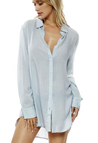 TOUSYEA Soft Women's Sleepshirt Oversized Button Down Swimsuit Cover Ups - color: Light Blue, size: Small
