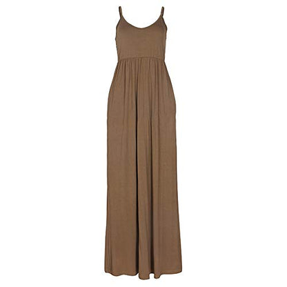 PRIMODA Women's Summer Casual Sleeveless V Neck Adjustable Spaghetti Strap Maxi Long Dress - color: Mocha, size: Medium