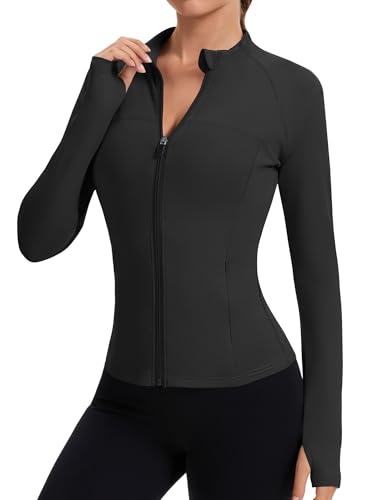 Rapbin Women's Full Zip Workout jackets Runing Slim Fit Athletic Tops With Thumb Holes - color: Black, size: X-Small