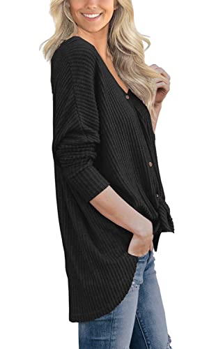 IWOLLENCE Womens Button Down Henley Long Sleeve Blouse - color: Black, size: XX-Large