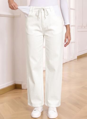 BLENCOT Maternity Jeans High Waisted Drawstring Straight Leg Denim Pants - color: White, size: XX-Large