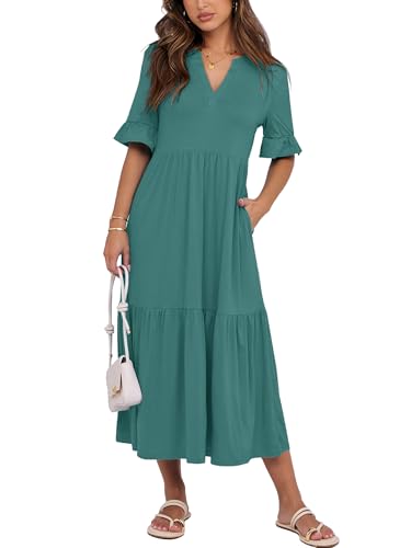 CzzzyL Womens Nursing Dresses Ruffle Sleeve V Neck Tiered with Pockets - color: Greyblue, size: Medium
