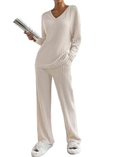 SHEWIN Women's Pajama Sets Ribbed Knit 2 Piece Lounge Sets - color: B Khaki, size: X-Large