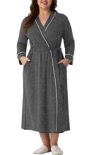OLRIK Womens Plus Size Robe Long Knit Bathrobe V Neck Loungewear - color: Dark Gray, size: 2X