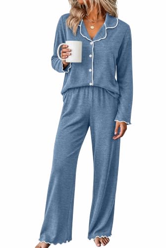 WIHOLL Women's Pajamas Sets Cute Ruffle Long Sleeve Button Up 2 Piece Pjs - color: Blue, size: X-Large